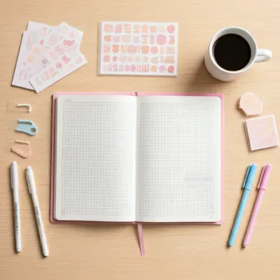 Workspace with journals and stickers